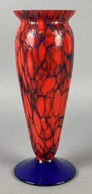 MCM Art Deco Red and Blue Webbed Art Glass Vase