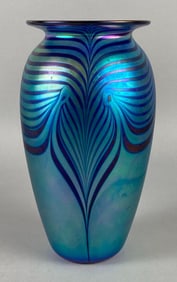 Cobalt Blue Pulled Feather Iridescent Glass Vase