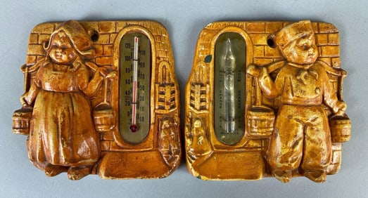 Pair of Chalkware Children Thermometer and Barometer