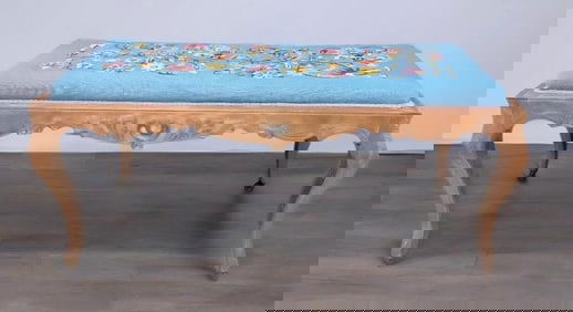 Victorian Carved Wood Piano Bench with Embroidered Floral Seat