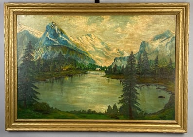 Evelyn Gray Lakeside Mountain Cabin Oil Painting on Board