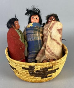 Group of 3 Native American Skookum Style Dolls with Basket