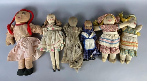 Group of 6 Vintage Cloth Dolls