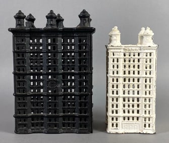 Group of 2 Cast Iron High Rise Building Coin Banks