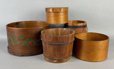 Group of Wood Boxes and Buckets