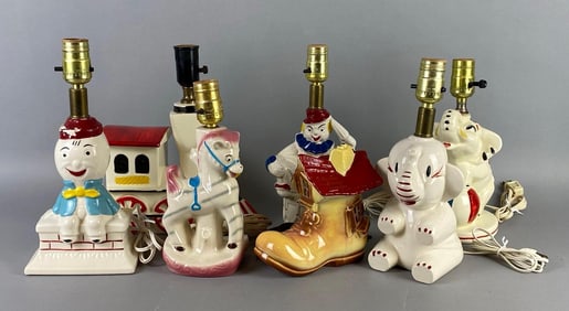 Group of Porcelain Childrens Character Table Lamps