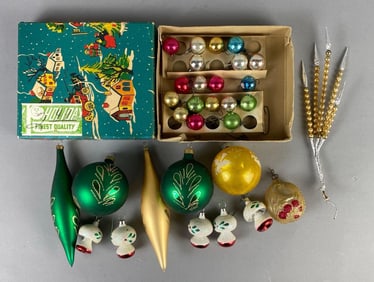 Group of Vintage Glass Christmas Ornaments and More