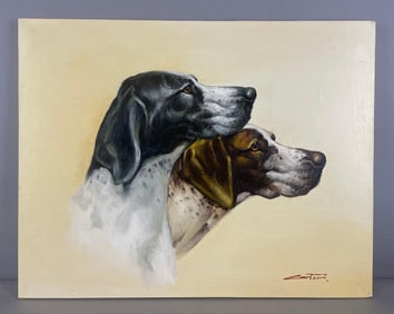 Artist Signed Hunting Dogs Oil Painting on Canvas