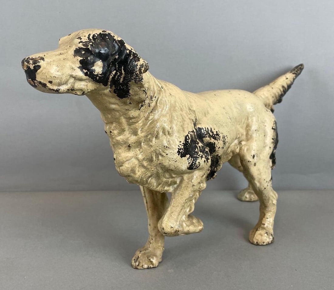 Antique Cast Iron English Setter Door Stop: Missing a lot of black paint, measures 8 3/4 x 15 1/2 x 4 1/4 inches