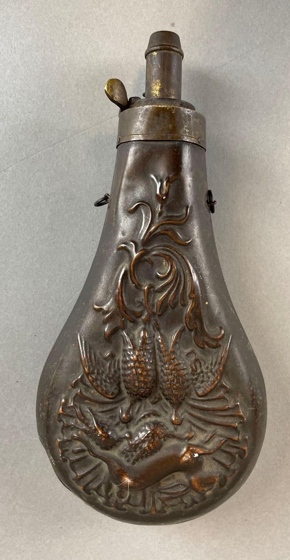 Antique Brass Black Powder Flask: Measures 7 1/4 x 3 1/2 x 1 1/2 inches