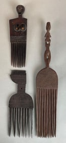 Group of 3 African Carved Wood Combs
