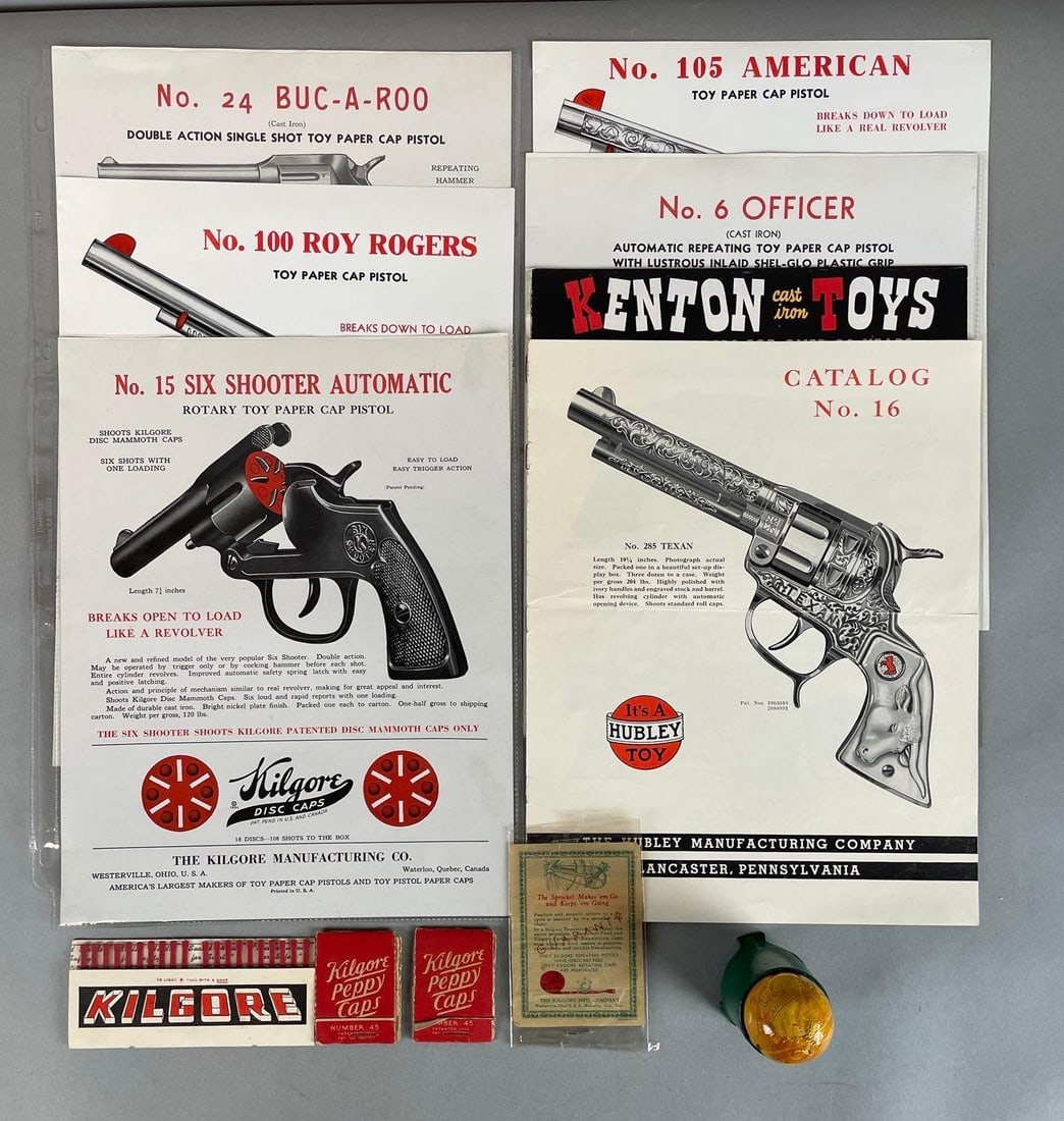 Group of Kilgore Cap Gun Advertising Items and More: Includes peppy caps, fire crackler mortar, Kenton and Hubley catalog. Measure 11 x 8 1/2 inches