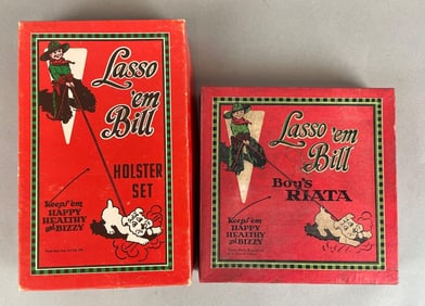 Group of 2 Vintage Keyston Bros. Lasso em Bill Advertising Boxes
