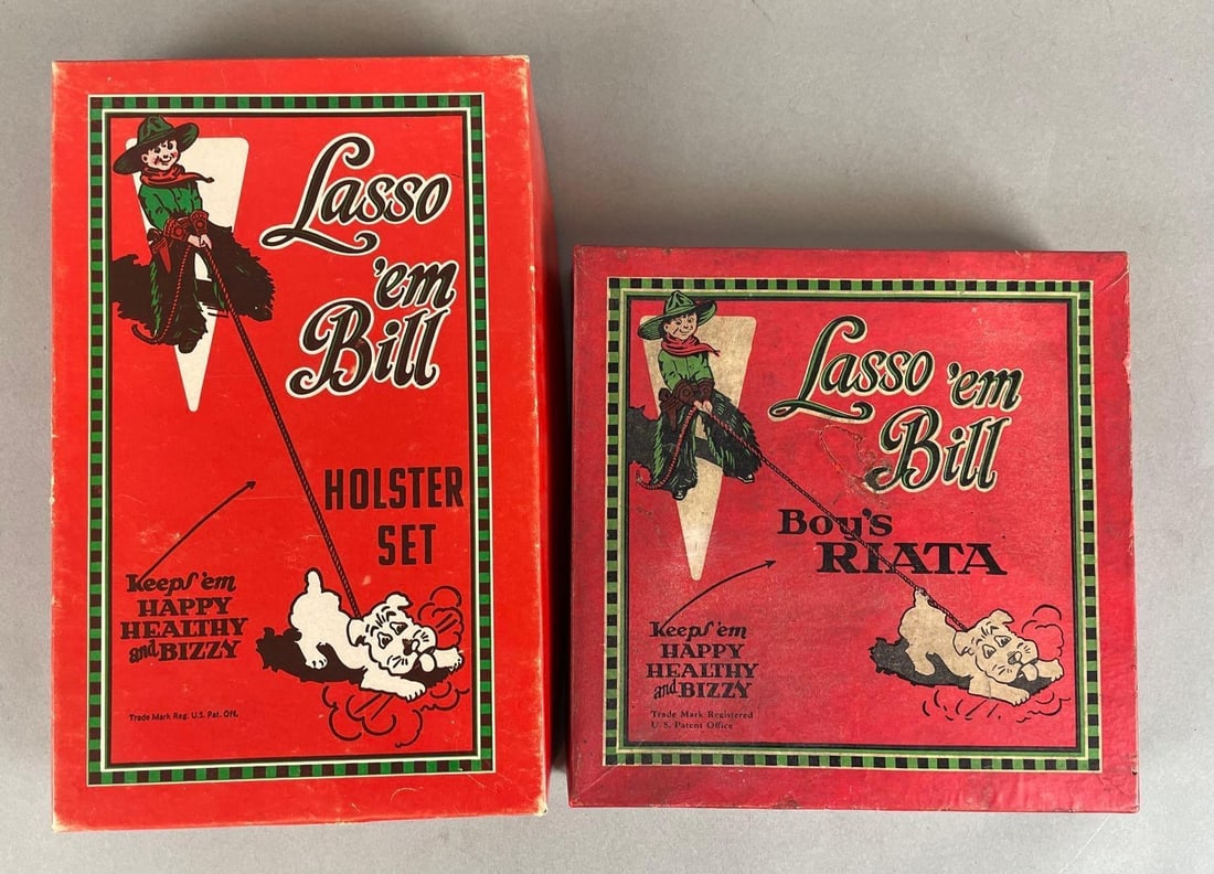 Group of 2 Vintage Keyston Bros. Lasso em Bill Advertising Boxes: Holster set and boys riata boxes. Largest measures 10 x 6 1/4 x 1 3/4 inches