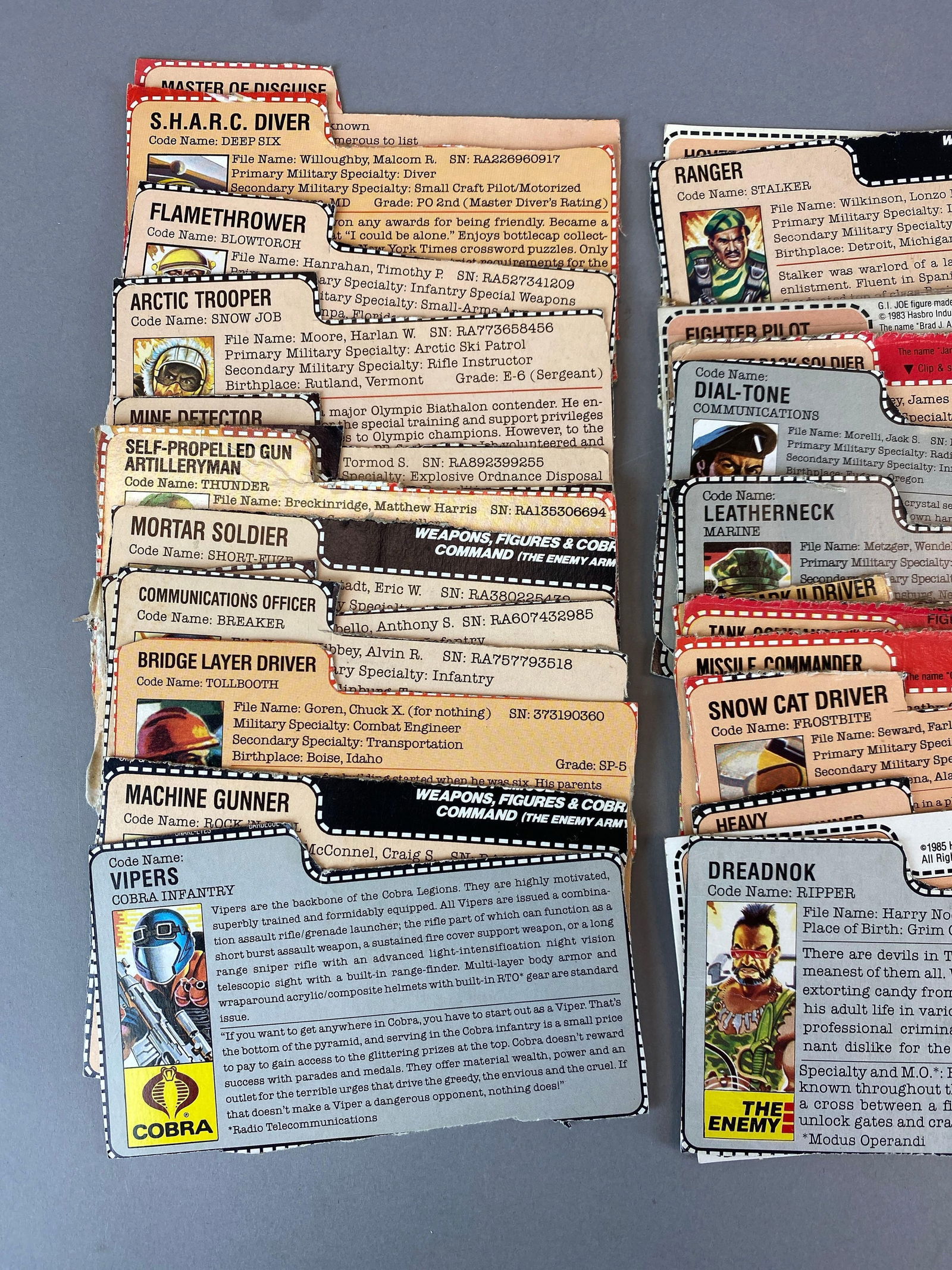 Group of 1980s Hasbro GI Joe Action Figure File Cards (1 of 2)