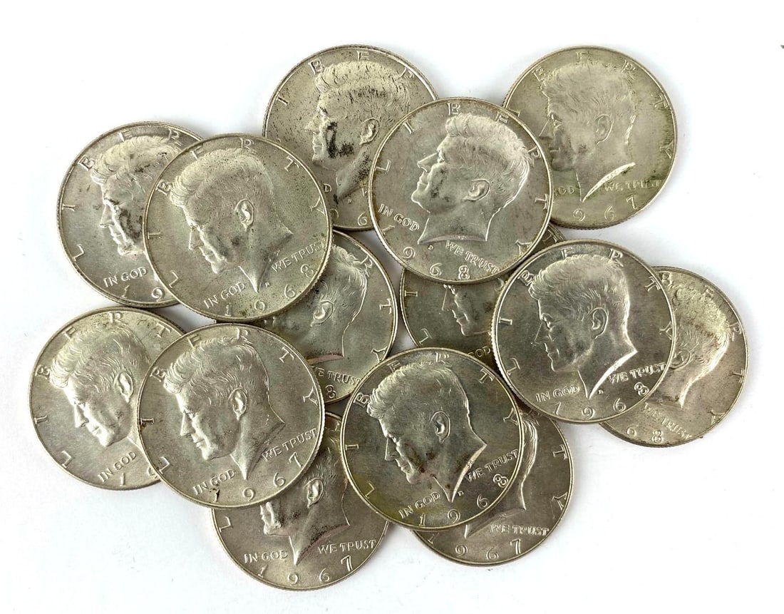Group of 14 40% Silver Kennedy Half Dollars: Includes years 1968, 1967 and 1966.