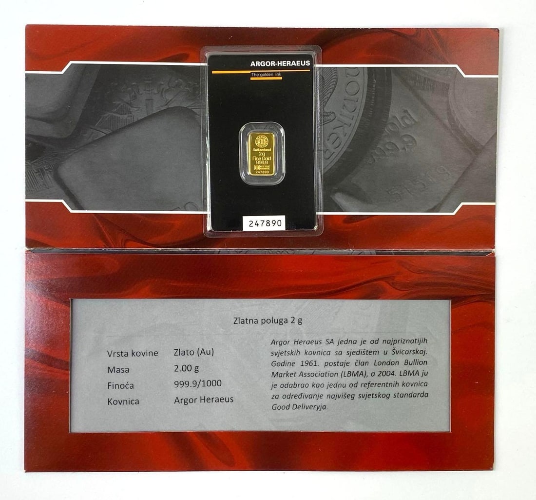 Argor- Heraeus 2 Gram .9999 Fine Gold Ingot/Bar (1 of 3)