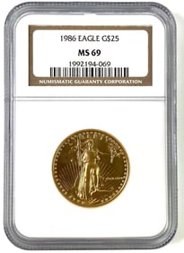 1986 $25 American Gold Eagle NGC Graded MS 69 1/2 oz Gold