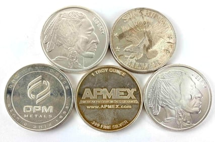 Group of 5 1 oz .999 Fine Silver Rounds