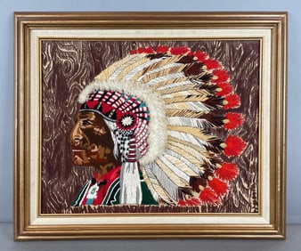 Vintage Crewel Cheyenne Chief Embroidery Wall Art