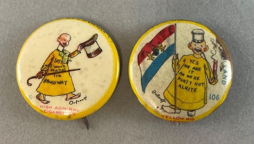 Group of 2 Antique Yellow Kid Cigarettes Advertising Buttons