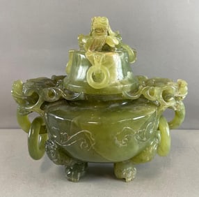 Chinese Carved Jade Dragon Lidded Incense Burner