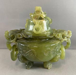 Chinese Carved Jade Dragon Lidded Incense Burner: Measures 10 x 10 1/2 x 7 inches