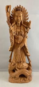 Carved Teak Kuan Yin Standing Buddha Statue