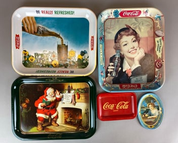 Group of 5 Coca-Cola Adveetising Metal Drink Trays