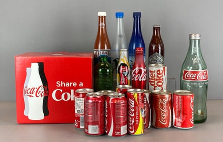 Group of Coca-Cola Glass Bottles, Cans and More