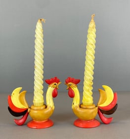 Pair of 1960 Holy Howard Rooster Candlesticks with Original Candles