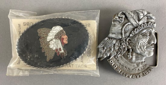 Group of 2 Native American Chief Head Belt Buckles