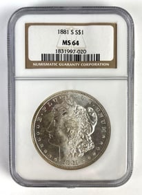NGC Graded 1881-S US $1 Morgan Silver Dollar MS64