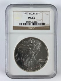 1992 NGC Graded MS 69 US Mint American Silver Eagle 1 oz Fine Silver Dollar