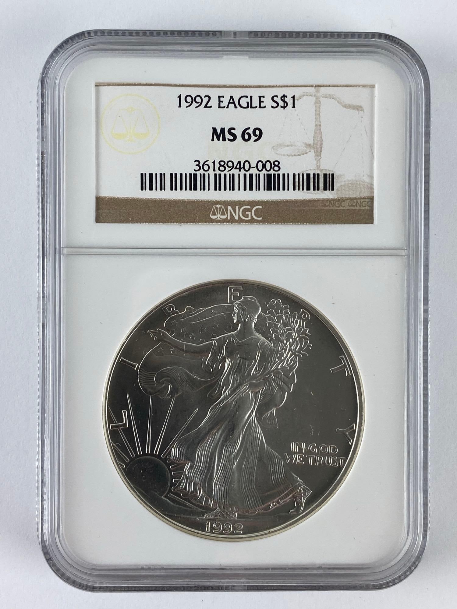 1992 NGC Graded MS 69 US Mint American Silver Eagle 1 oz Fine Silver Dollar (1 of 2)