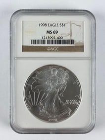1998 NGC Graded MS 69 US Mint American Silver Eagle 1 oz Fine Silver Dollar