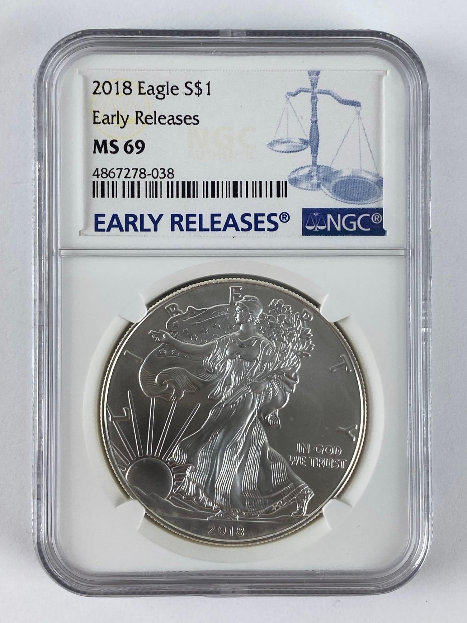 2018 Early Releases NGC Graded MS 69 US Mint American Silver Eagle 1 oz Fine Silver Dollar (1 of 2)