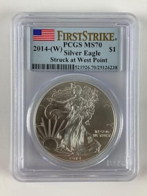 2014 W First Strike Struck at West Point PCGS Graded MS 70 US Mint American Silver Eagle 1 oz Fine
