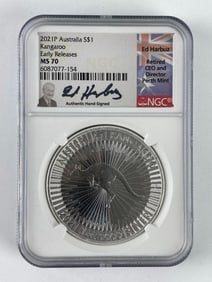 2021 P Signed Australia $1 NGC Graded MS 70 ER Kangaroo 1 oz .999 Silver Coin