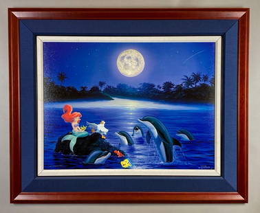 2001 Robert Wyland Ariels Dolphin Serenade Giclee Print on Canvas: Artists signature on bottom left corner, Limited Edition No. 159/750, Disney The Little Mermaid, Frame measures 35 1/2 x 43 1/2 inches, Canvas measures 24 x 32 inches.