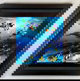 2005 Robert Wyland Disney Dive Buddies Giclee On Canvas: Artists signature on bottom right corner, Limited Edition Artists Proof No. 117/200, With COA, Disney Mickey and Minnie Mouse, Frame measures 28 x 28 inches, Canvas measures 24 x 24 inches.