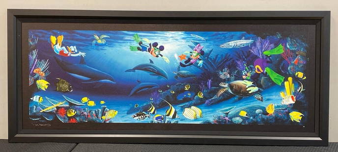 2004 Robert Wyland Disney Dive Buddies Giclee On Canvas: NO SHIPPING AVAILABLE. THIRD PARTY SHIPPER RECOMMENDED. Artists signature on bottom left corner, Limited Edition Artists Proof, Limited Edition No. 33/200, With COA, Frame measures 32 x 77 inches,