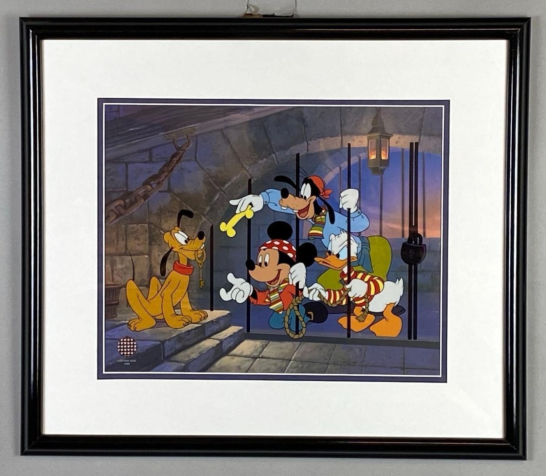 2000 Disney A Pirates Life for Mickey Serigraph Cel: Disney Enterprises Inc, Limited Edition of 1000, With COA, Frame measures 19 1/2 x 22 1/2 inches, Serigraph Cel measures 12 1/2 x 15 1/2 inches.