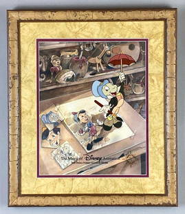 2003 Disney Pinocchio Just Dropping By Animation Cel: The Magic of Disney Animation, With postcard signature card, Frame measures 18 1/2 x 16 inches, Cel measures 13 1/2 x 11 inches.
