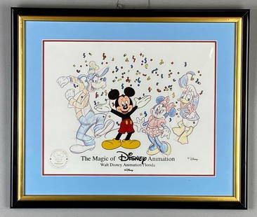 1998 Disney-MGM 70 Years with Mickey Mouse Animation Cel: The Magic of Disney Animation, Walt Disney Animation Florida, Artists signature on back, Frame measures 13 1/2 x 16 inches, Cel measures 10 x 12 inches.