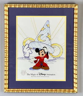 Disney Mickey Mouse 100 Years of Magic Animation Cel: The Magic of Disney Animation, Walt Disney Feature Animation Florida, Mickey Mouse, Fantasia, Frame measures 17 1/2 x 14 1/2 inches, Cel measures 13 x 10 inches.