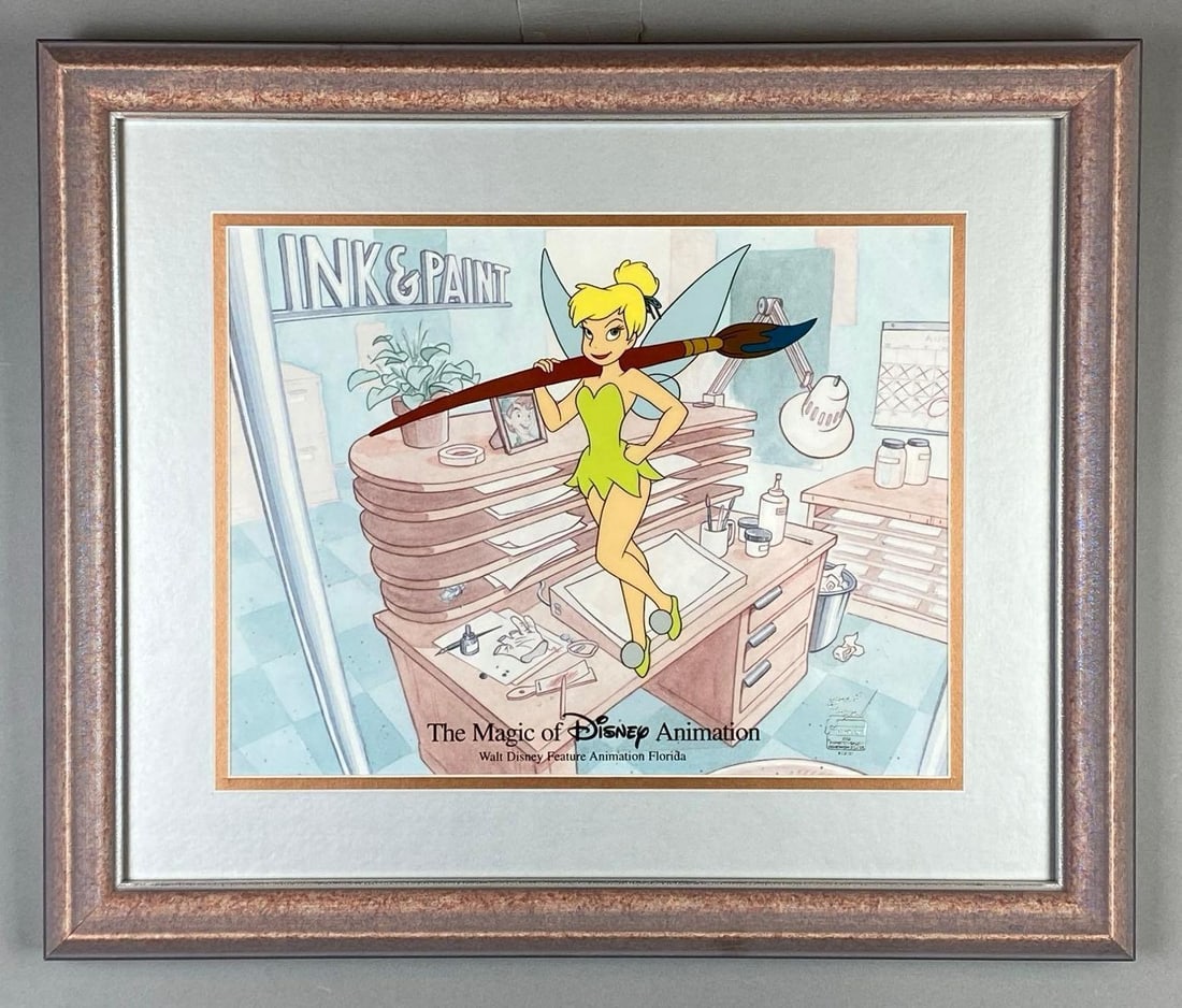 2002 Disney Tink Ink and Paint Animation Cel: The Magic of Disney Animation, Walt Disney Feature Animation Florida, With postcard signature card, Frame measures 15 1/2 x 18 1/2 inches, Cel measures 10 x 13 inches.
