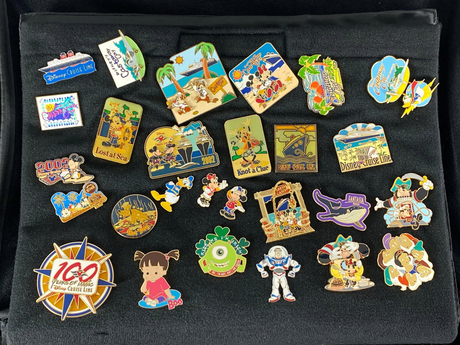 Group of 20+ Disney Cruise Enamel Pins and More: Includes Mickey, Boo, Buzz Lightyear and more, largest measures 2 1/4 x 2 1/4 inches