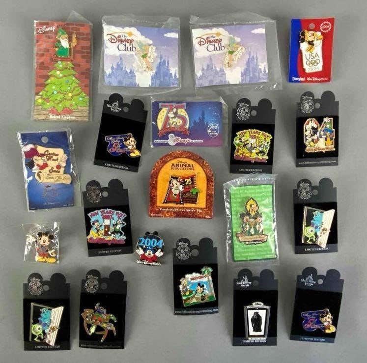Group of 20 Disney Enamel Pins: Includes New Years Eve 2003, 2004 Fantasia pin, Polynesian resort and more, largest measures 2 x 2 inches