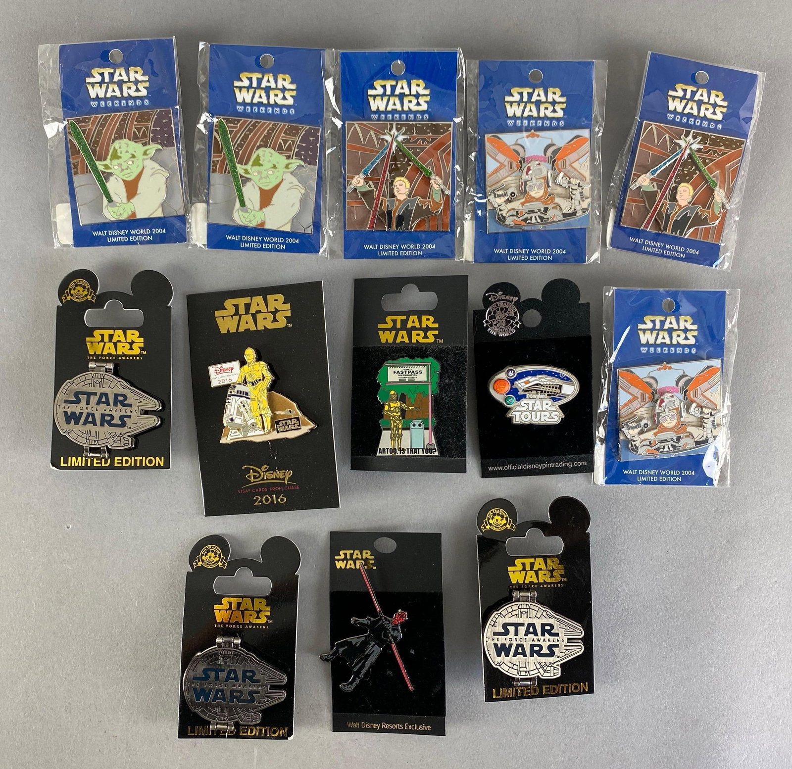 Group of 10+ Disney Star Wars Enamel Pins: Includes Yoda, Millennium falcon, Star Tours and More, largest measures 2 1/4 x 2 inches